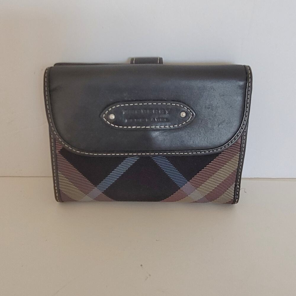 Burberry‎ Blue Label Women's Black Plaid Canvas Leather Bifold Wallet Snap